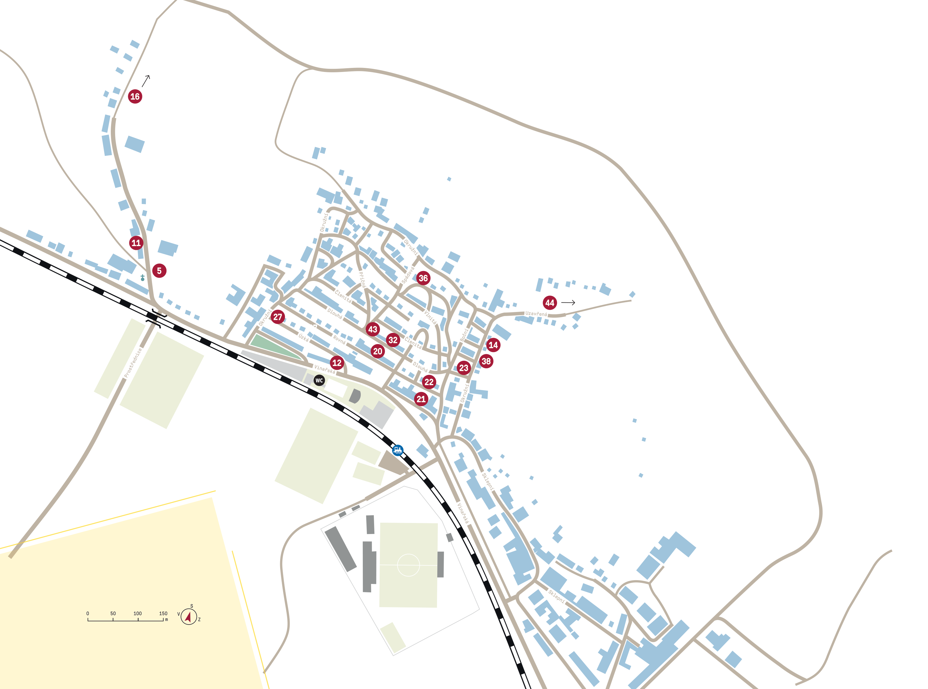 Očištěná mapa mutěnických búd s patnácti očíslovanými vinařstvími